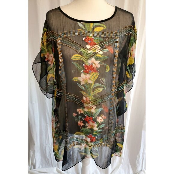 Alberto Makali Sheer Tunic Top Women Size XL Floral Beaded Art Boho Lagenlook - Picture 2 of 12